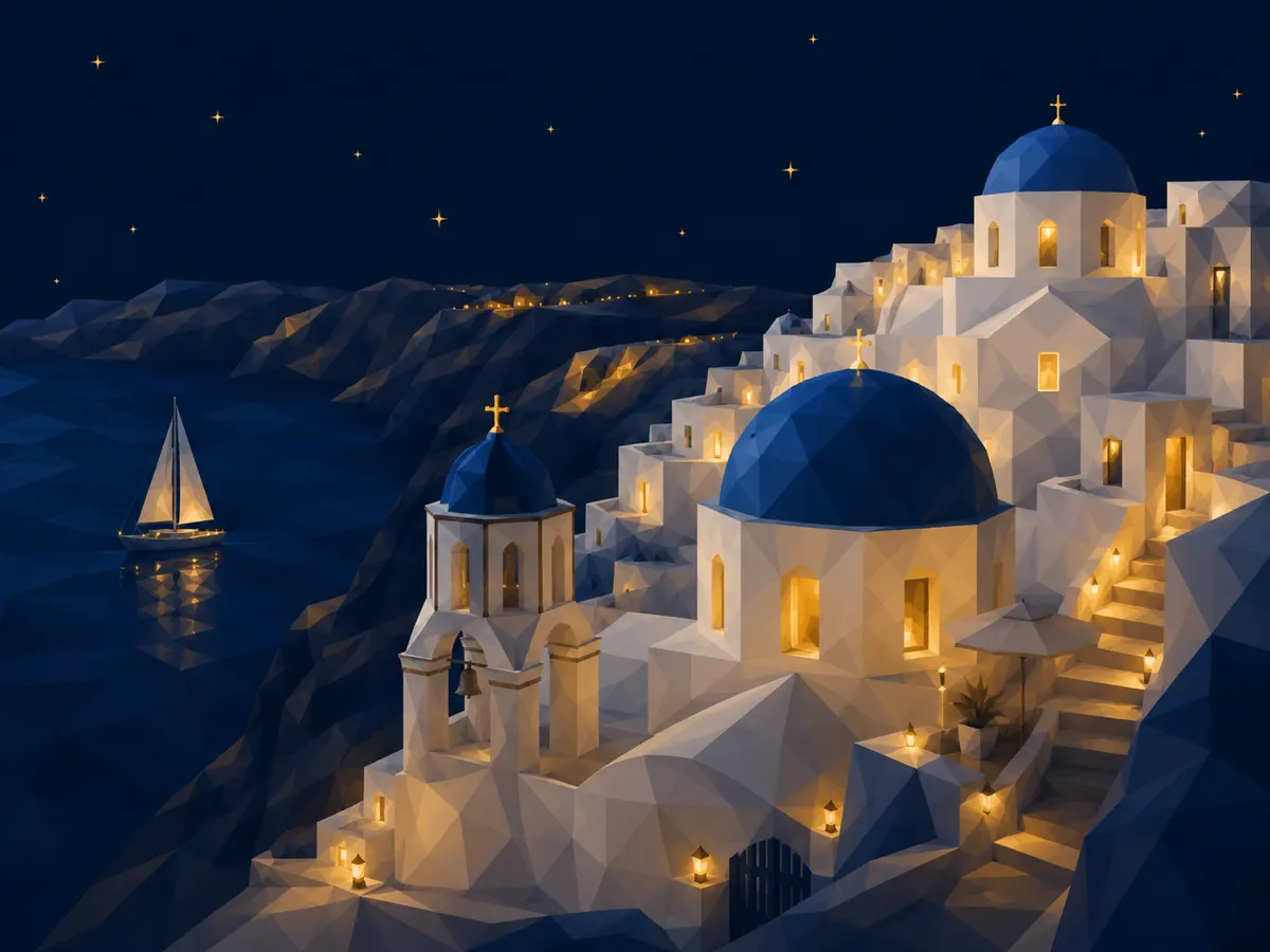 Blue-domed churches of Santorini, Greece, at night