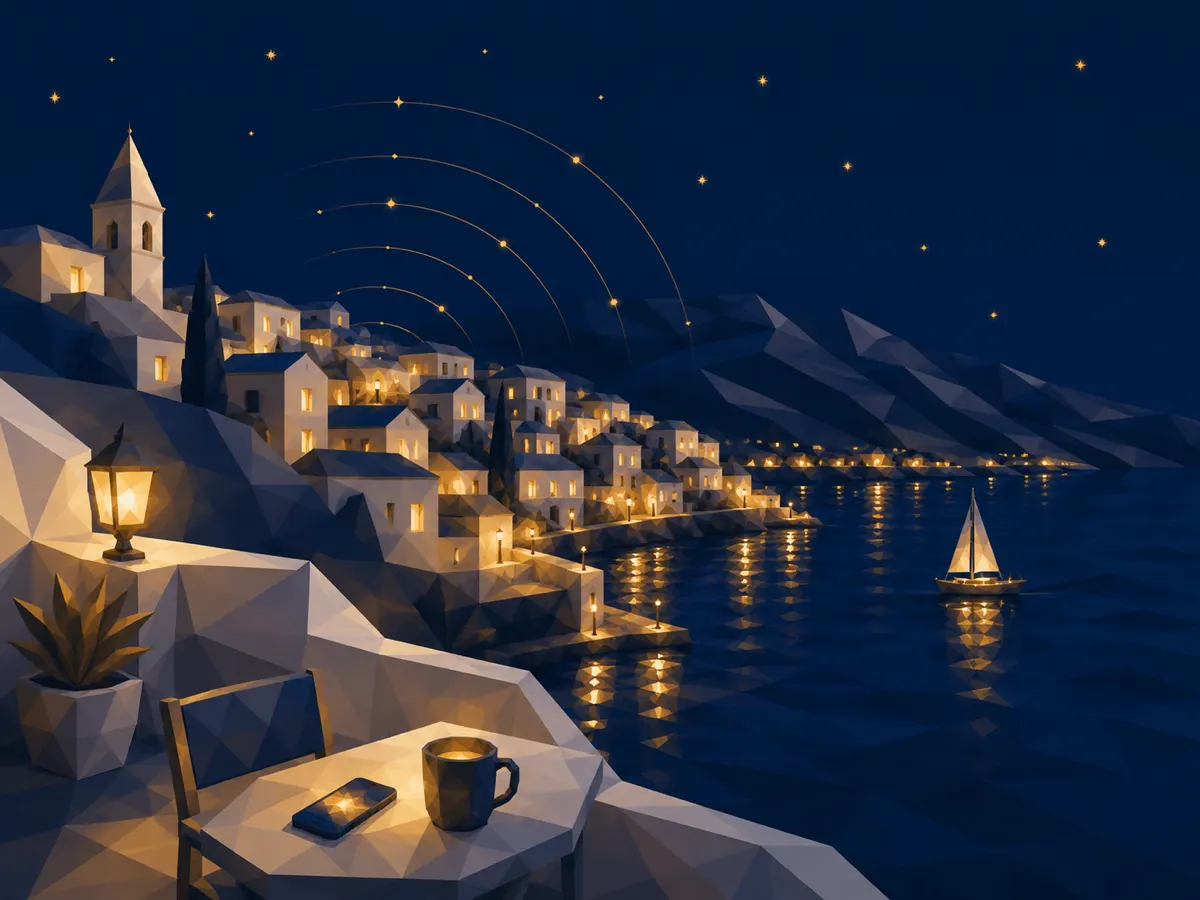 Phone on a café table overlooking a Mediterranean harbour at night