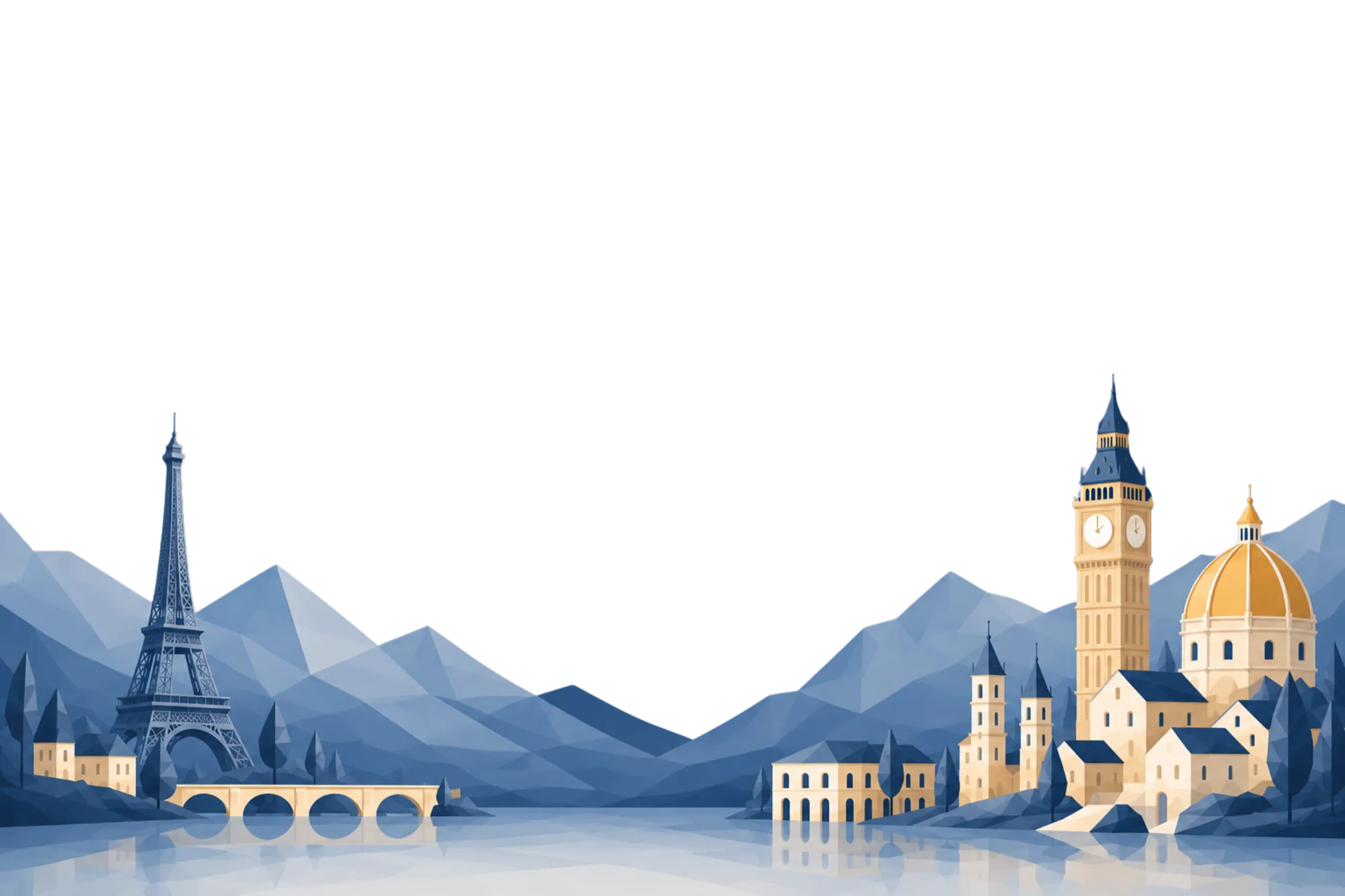 Illustrated European skyline with the Eiffel Tower and Big Ben