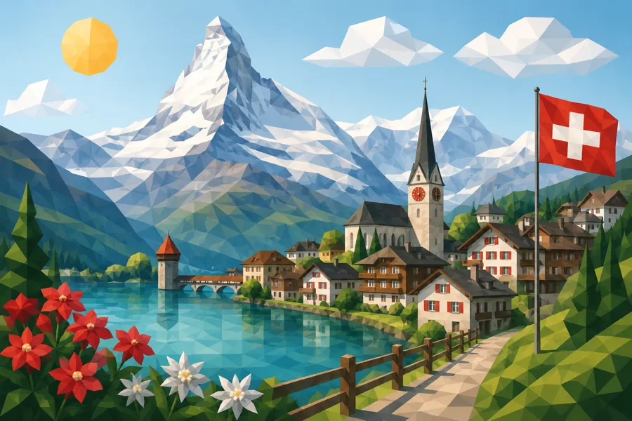 Swiss village by a lake below the Matterhorn