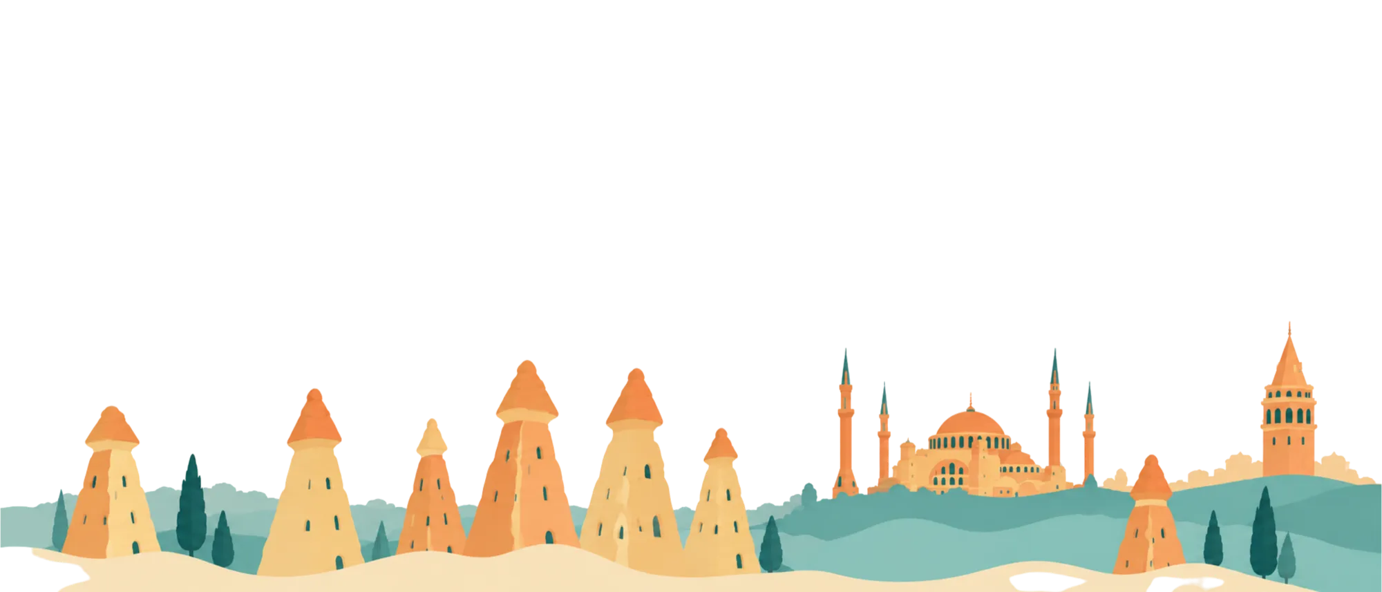 Illustrated skyline of Cappadocia's fairy chimneys with Istanbul's Hagia Sophia and Galata Tower