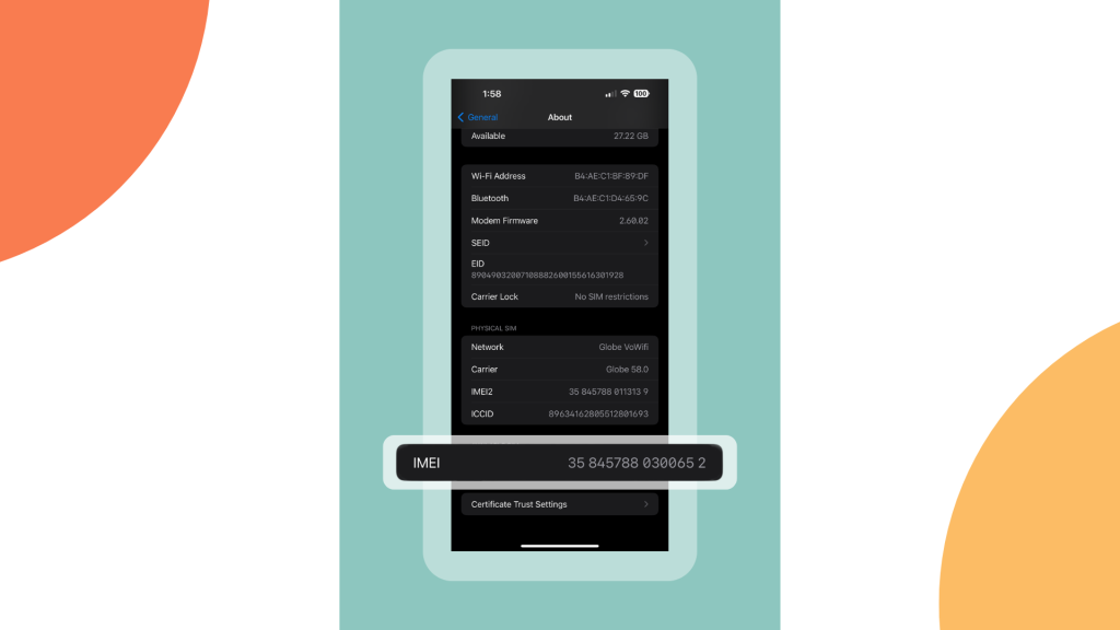 screenshot of IMEI number in an iPhone's settings