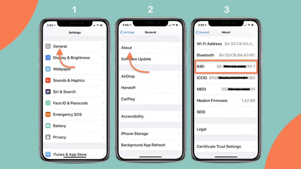 steps of how to find IMEI number on an iPhone