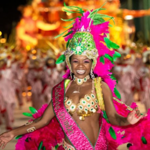 A vibrant depiction of Brazilian culture, showcasing samba dancers in colorful costumes against a festive backdrop.