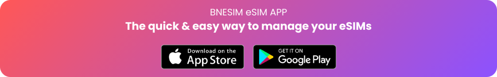 SheSIM mobile app by bnesim, highlighting download options for Google Play Store and iOS App Store another version