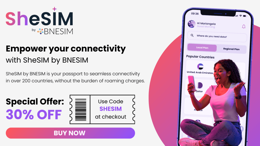 Promotional banner for SheSIM by BNESIM, showcasing mobile connectivity solutions for women travelers.