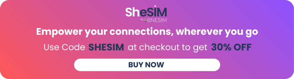 Promotional image for SheSIM by bnesim, offering 30% off with code SHESIM.