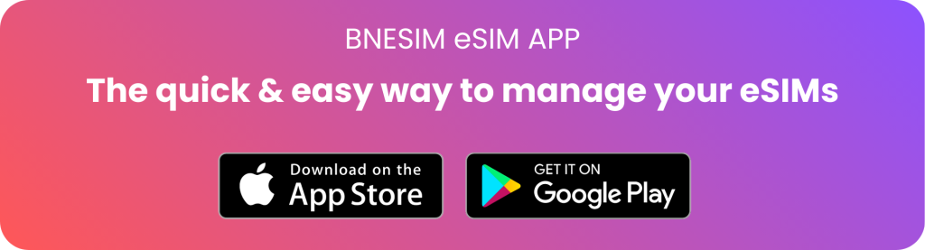SheSIM mobile app by bnesim, highlighting download options for Google Play Store and iOS App Store.