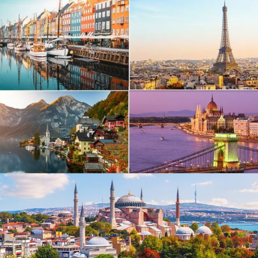 A vibrant city skyline at sunset, showcasing urban architecture and lively streets, perfect for short getaways.