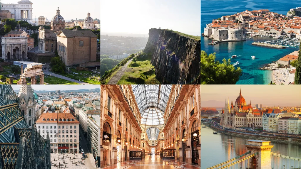 A bustling urban landscape with modern buildings and colorful lights, ideal for exciting city breaks and short escapes.