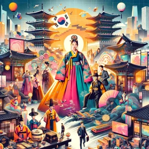 A vibrant collage showcasing Korea's rich heritage, from historic palaces to the dynamic world of K-Pop culture.
