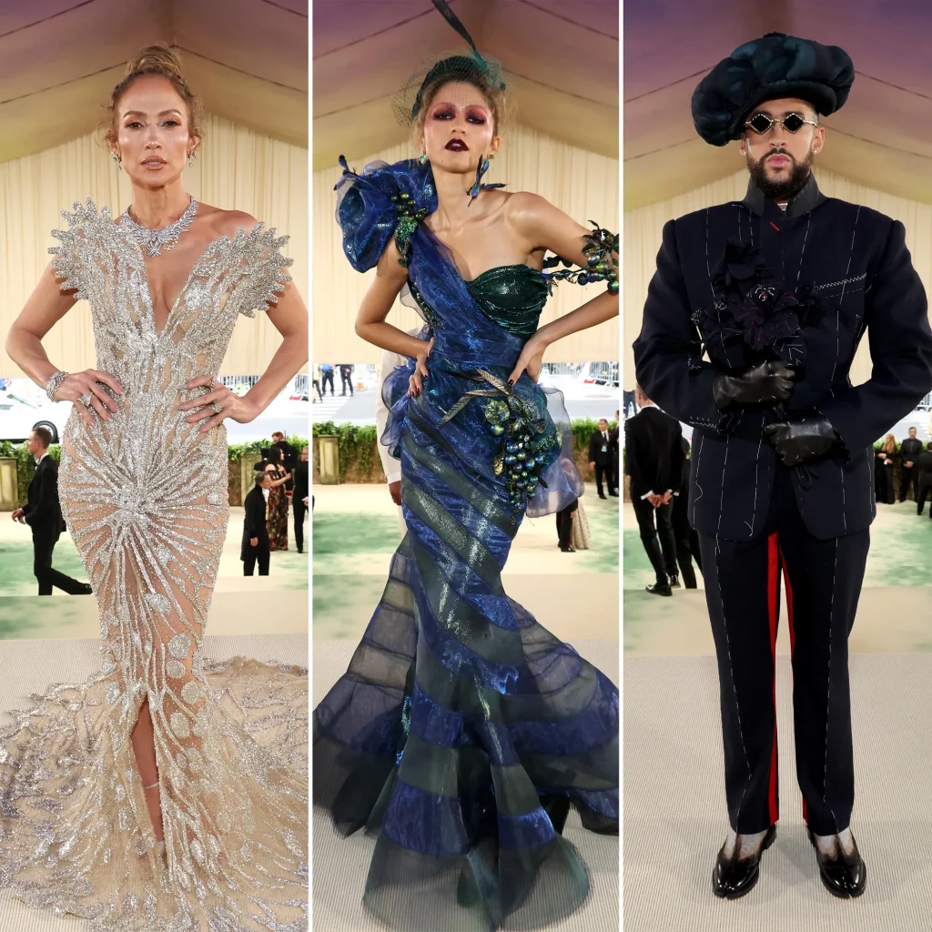 A stylish collage showcasing Met Gala 2024 fashion trends, inspiring travelers with vibrant outfits and creative designs.