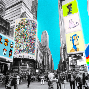 A vibrant digital artwork showcasing NFT art exhibitions, highlighting their impact on modern travel experiences.