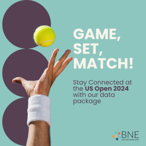 Image promoting seamless connectivity at the US Open 2024, featuring tennis elements and vibrant event branding.