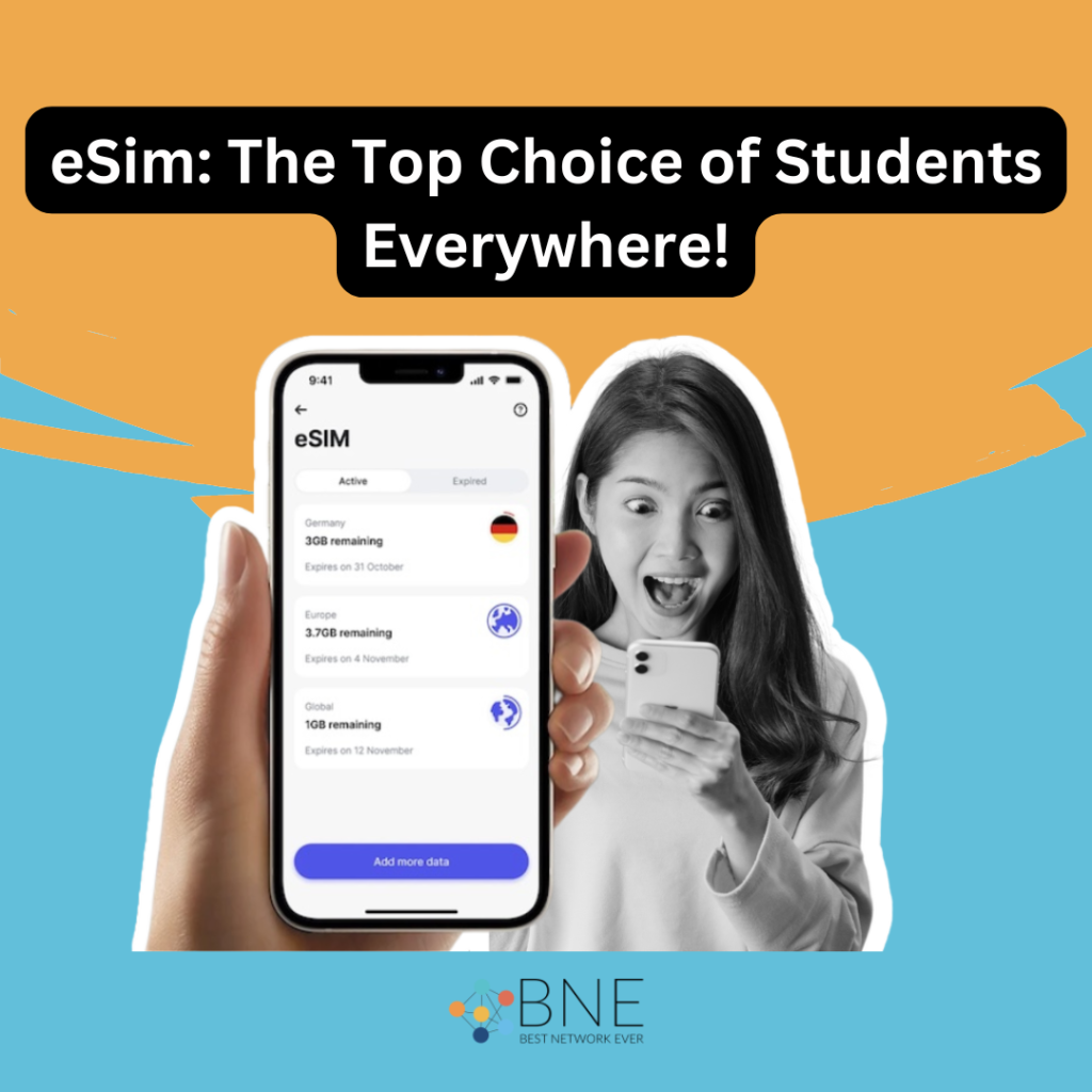 A diverse group of students using eSim technology, showcasing its popularity and convenience for modern learners.