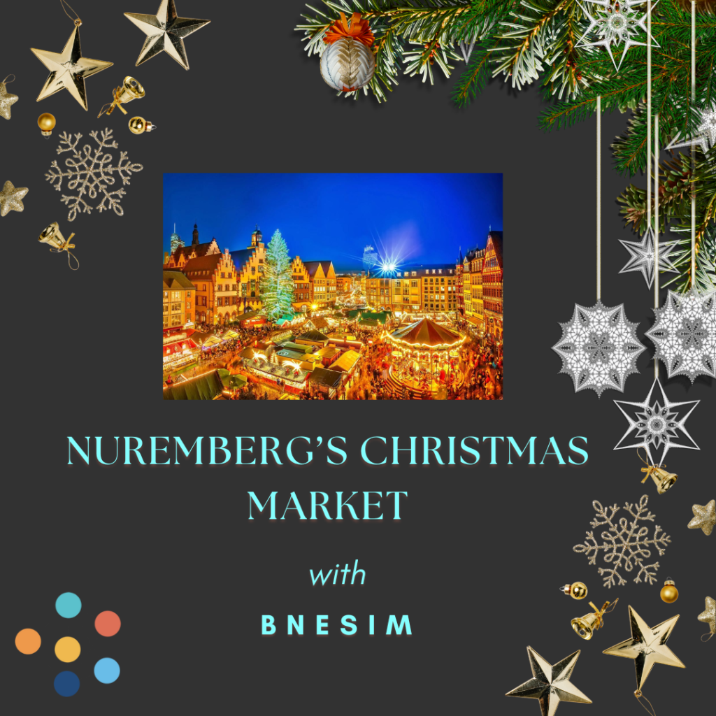 Elegant gold and beige design highlighting Nuremberg's Christmas market, promoting Bnesim's festive offerings.