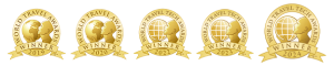 Five gold awards against a white backdrop, highlighting the recognition as a five-time World Travel Tech Awards winner, 2024.