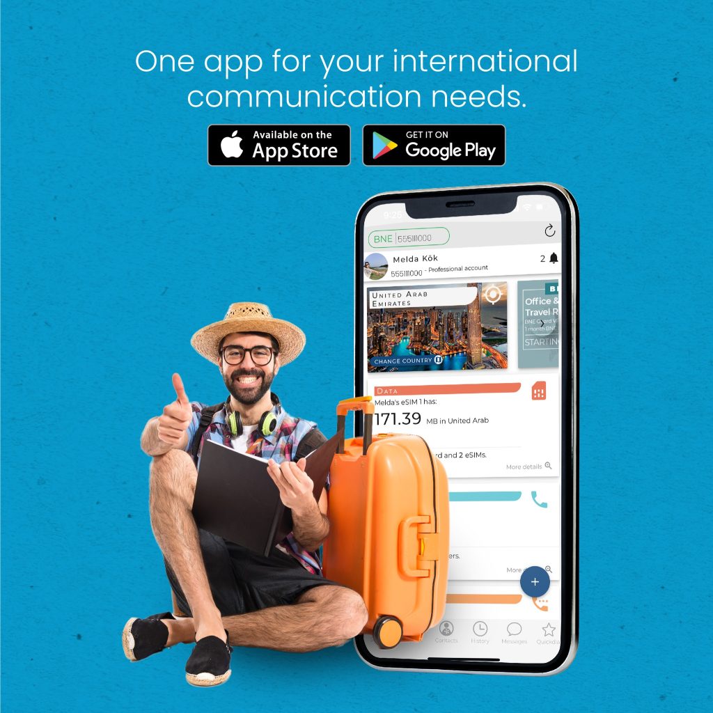 A thumbs-up next to luggage, showcasing the bnesim app for seamless international communication.