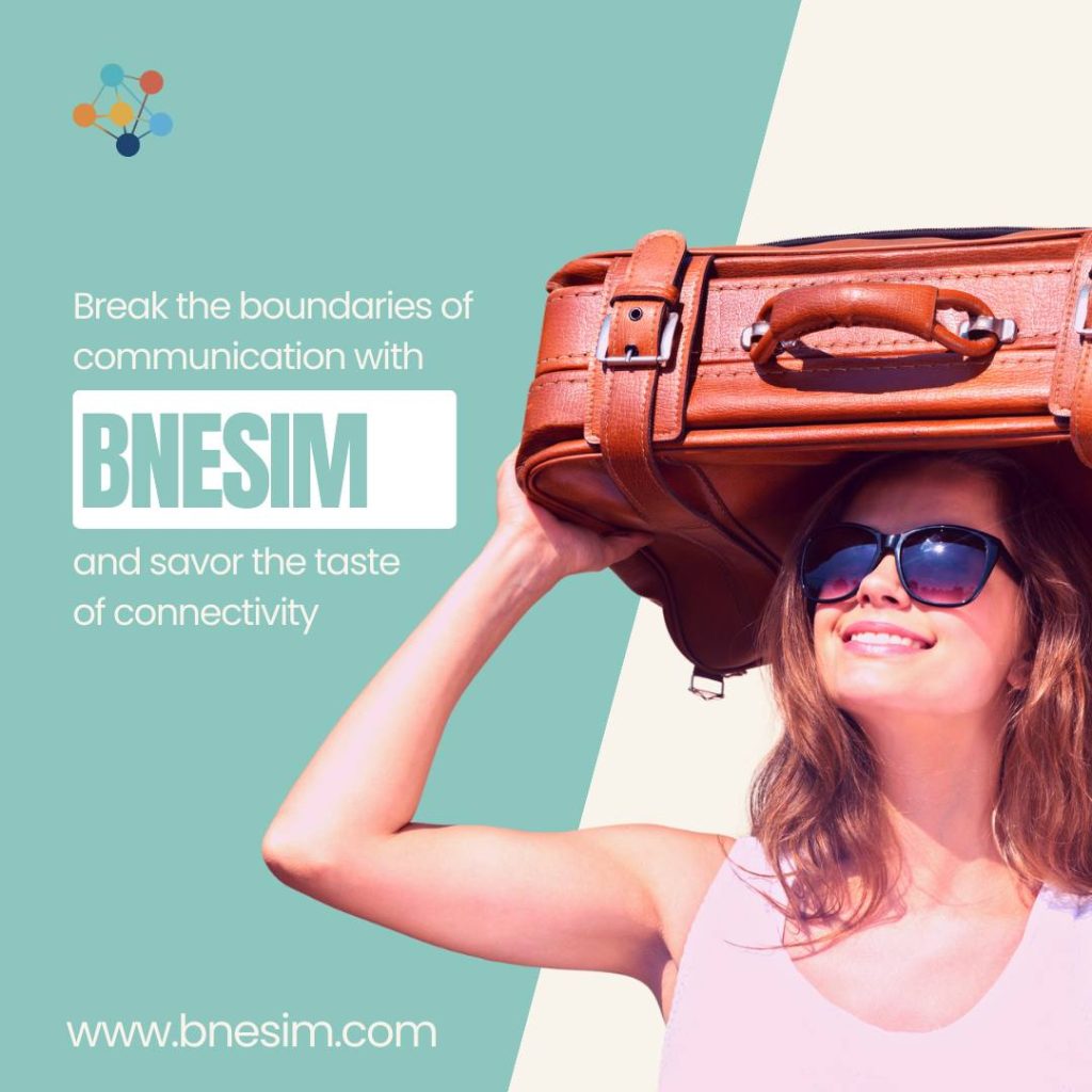 A woman in sunglasses balances a carry-on bag on her head, enjoying the sun and the freedom of connectivity with bnesim.