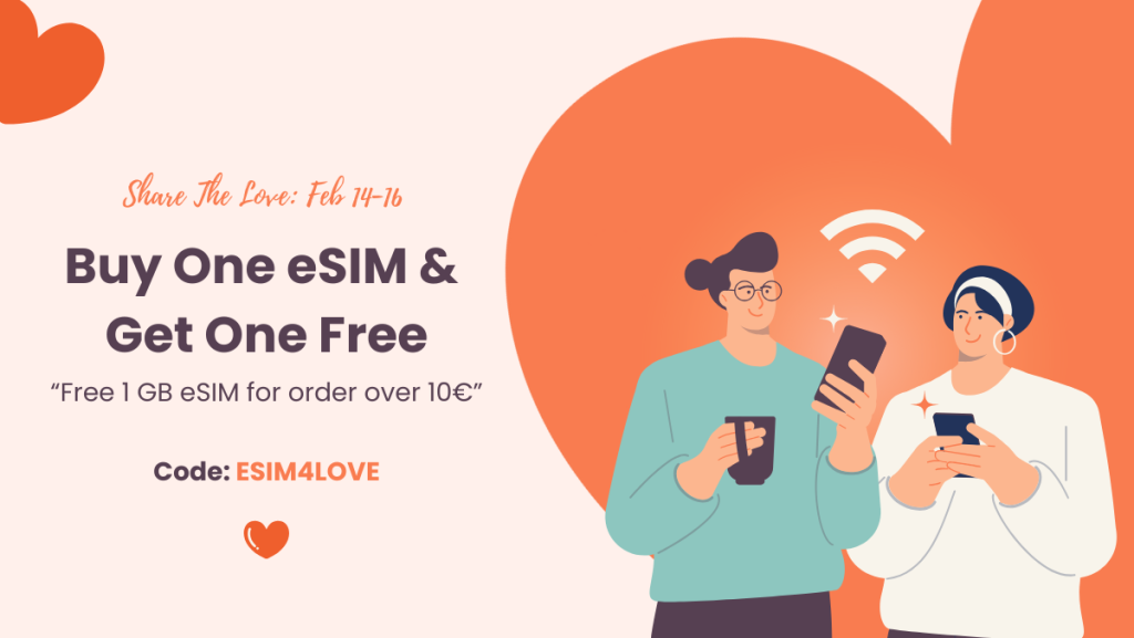 "Buy one esim & get one free" the banner image for valentine day promotion by bnesim