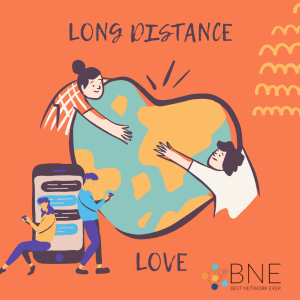 A vibrant graphic showcasing a heart, representing long-distance love, in shades of blue and pink.