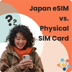 The lady is enjoy using BNESIM esim Japan, and the label comparing japan esim vs local phone card
