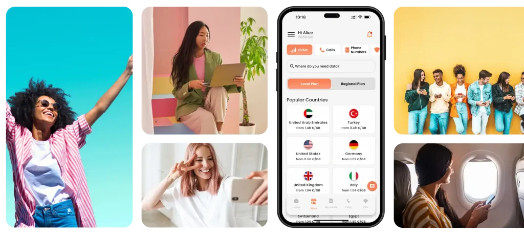 A vibrant collage of diverse travelers, showcasing joyful connections and expressions of excitement and spotlighting the BNESIM app.
