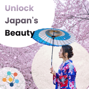 A woman in a kimono stands beneath pink cherry blossoms in Japan, featured in BNESIM's cover photo.
