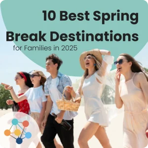 A group of young people smiling and walking together near the beach during spring break 2025.