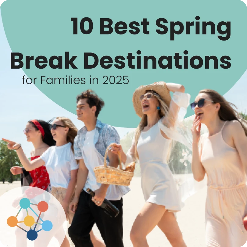 A group of young people smiling and walking together near the beach during spring break 2025.