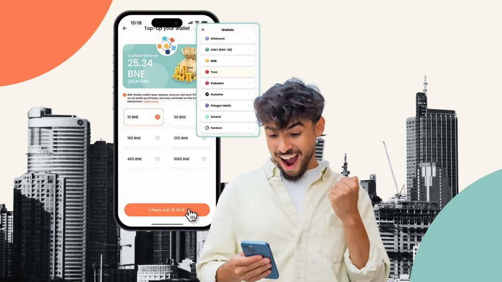 a man is using BNE Wallet to buy esim with cryptocurrencies