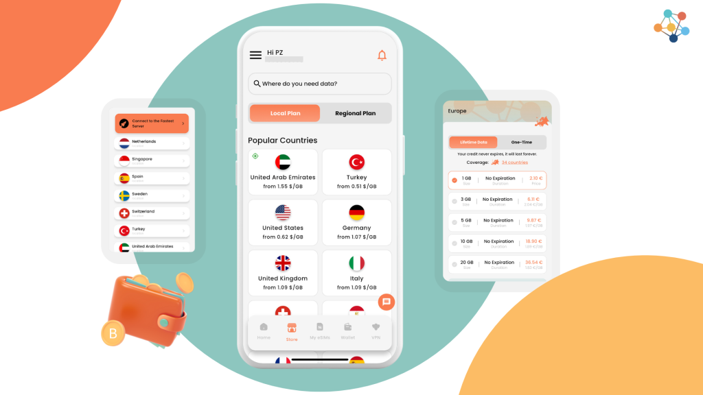 BNESIM eSIM app with features of built-in VPN, esim sharing, flexible plans in 200+ countries, and crypto payment