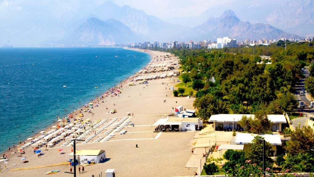 the beach and tourists in Antalya, Turkey