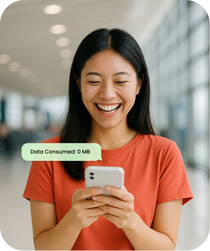 a happy women texting on whatsapp for free in the airport