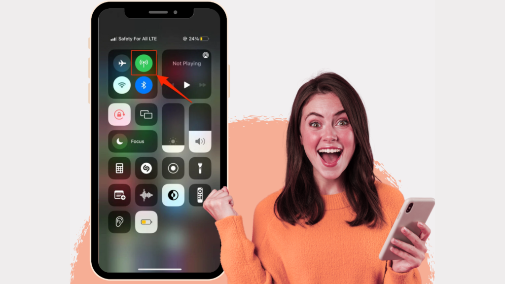 happy woman keeping mobile data on
