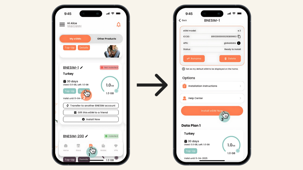 direct esim activation within BNESIM app