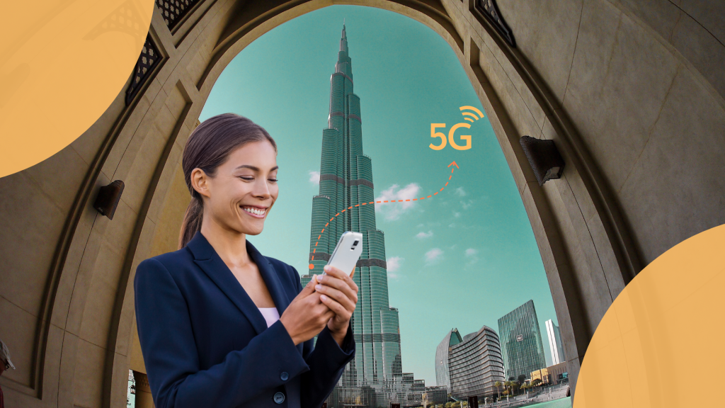 A woman stays connected with an eSIM when goes on business travel in Dubai