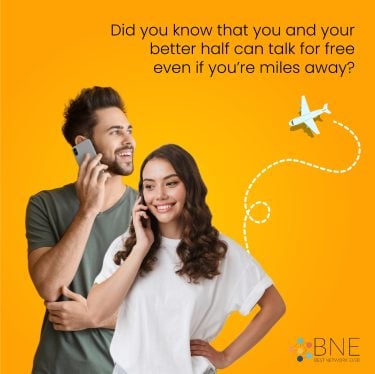 A couple happily video calling each other, with the bnesim logo in the corner, promoting free calls for long-distance lovers.