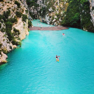 At the end of the Verdon gorge, where river Le Verdon meets lake Sainte-Croix,…