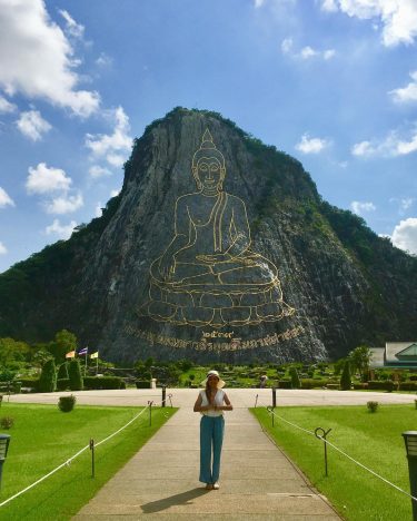 Buddha buddha image engraved on the side of Khao Chi Chan mountain and then…