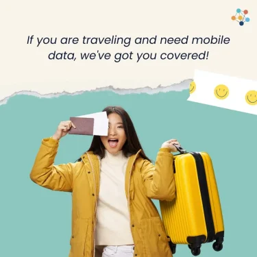 A woman with luggage and a passport, ready for travel, showcasing mobile data solutions for travelers.