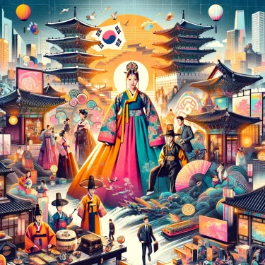 A vibrant collage showcasing Korea's rich heritage, from historic palaces to the dynamic world of K-Pop culture.