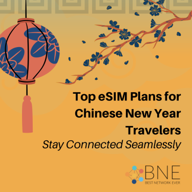 A vibrant Chinese New Year post featuring a lantern, cherry blossoms, and the bnesim logo, promoting top eSIM plans for travelers.