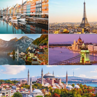 A vibrant city skyline at sunset, showcasing urban architecture and lively streets, perfect for short getaways.