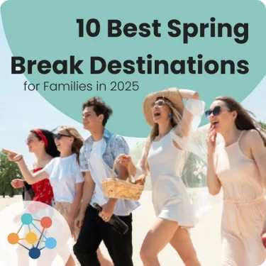 A group of young people smiling and walking together near the beach during spring break 2025.